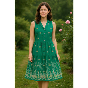 Maeve Dress XS P Green Sleeveless Embroidered Tunic Linen Floral Boho Summer